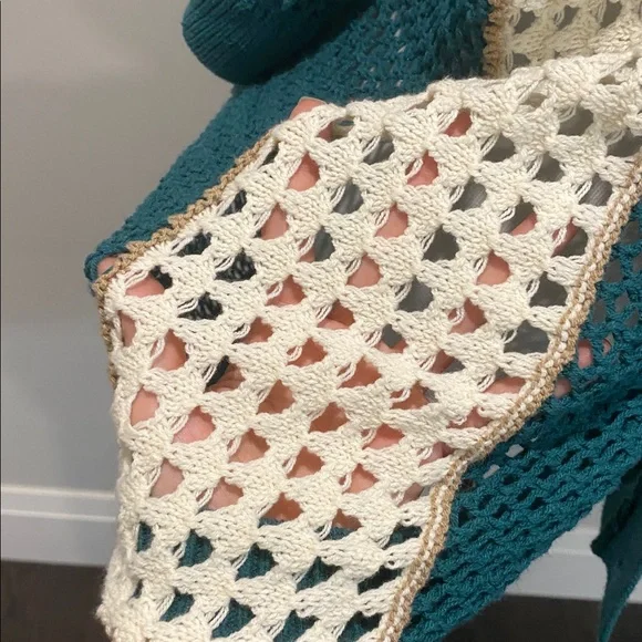Urban Outfitters Unisex Teal & Cream Crochet Cardigan Size Medium Retro Style - Picture 10 of 14